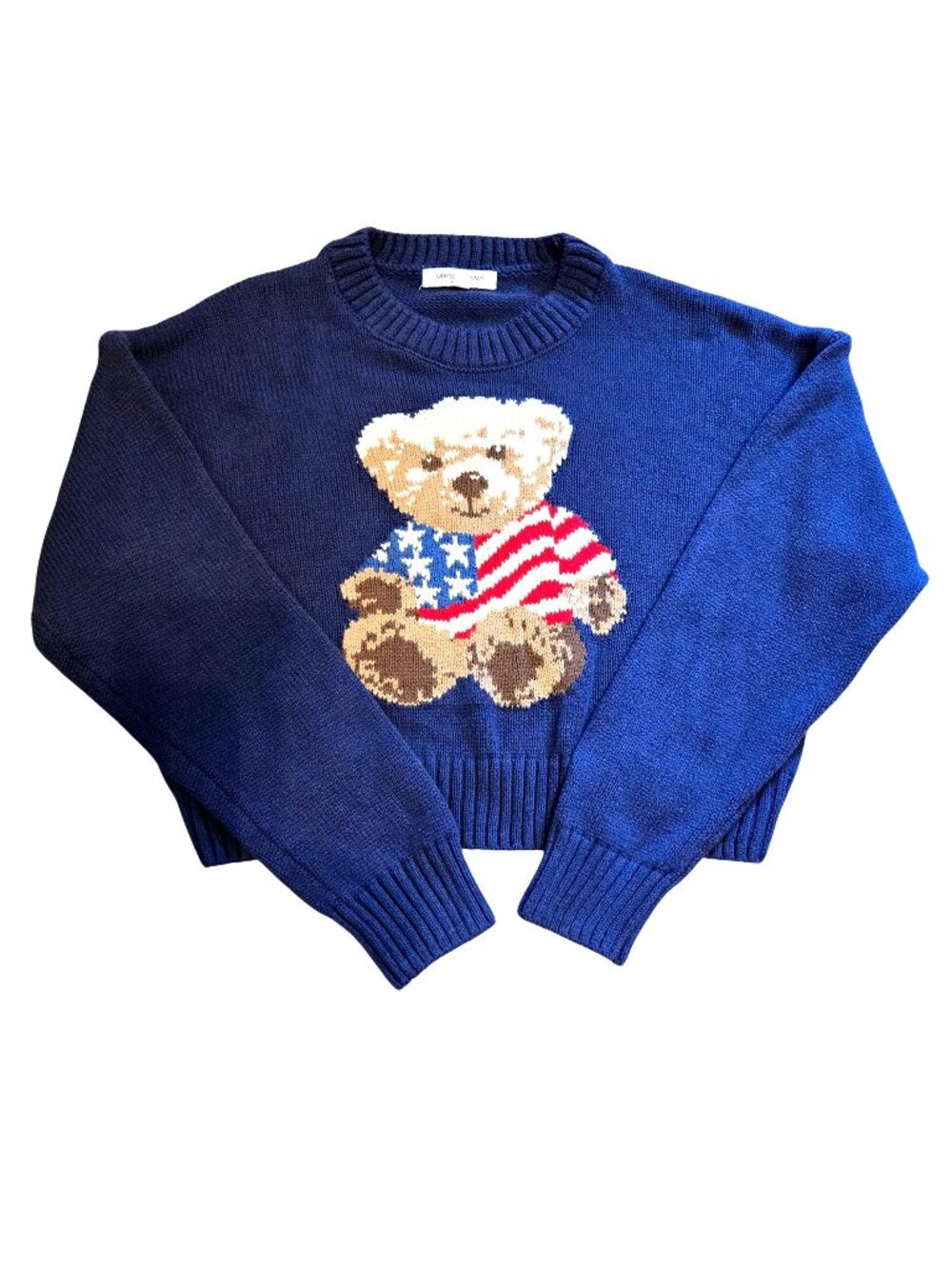 Grayson/Threads Teddy Bear Graphic Navy Crewneck Patriotic CroppedC Sweater Size